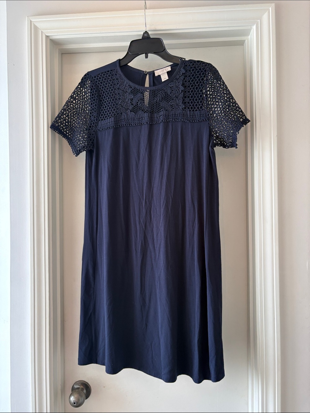 LOFT Outlet Petite Navy Blue Lace Yoke Short Sleeve Shift Dress MP